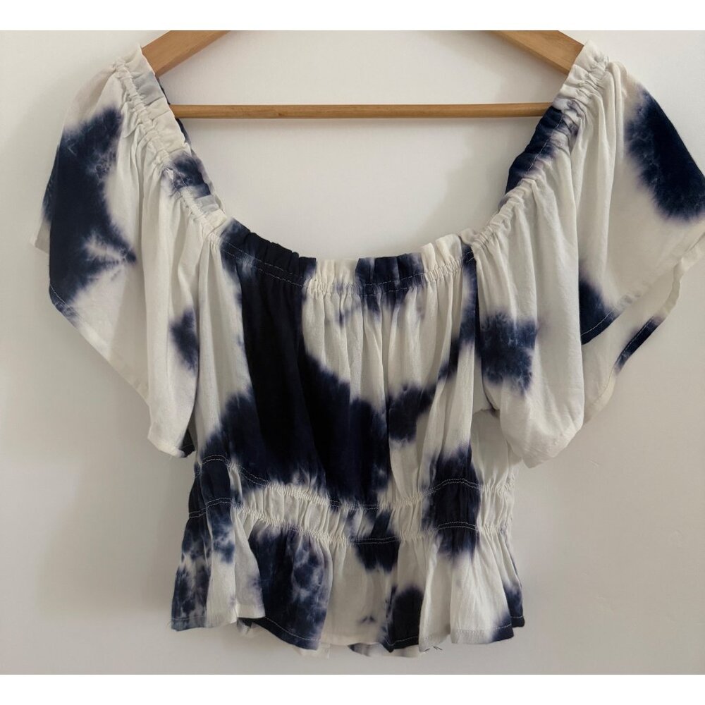 Feathers Cropped Peasant Blouse M Blue White Tie Dye Modern Prairie Romantic